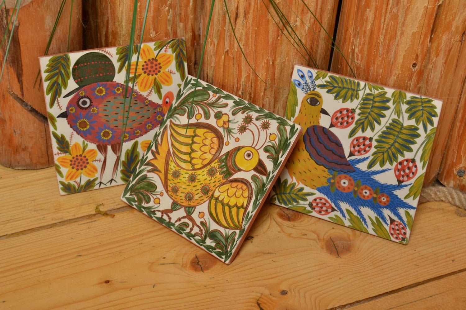Set of 3 handmade bright decorative ceramic tiles painted with engobes Birds photo 1