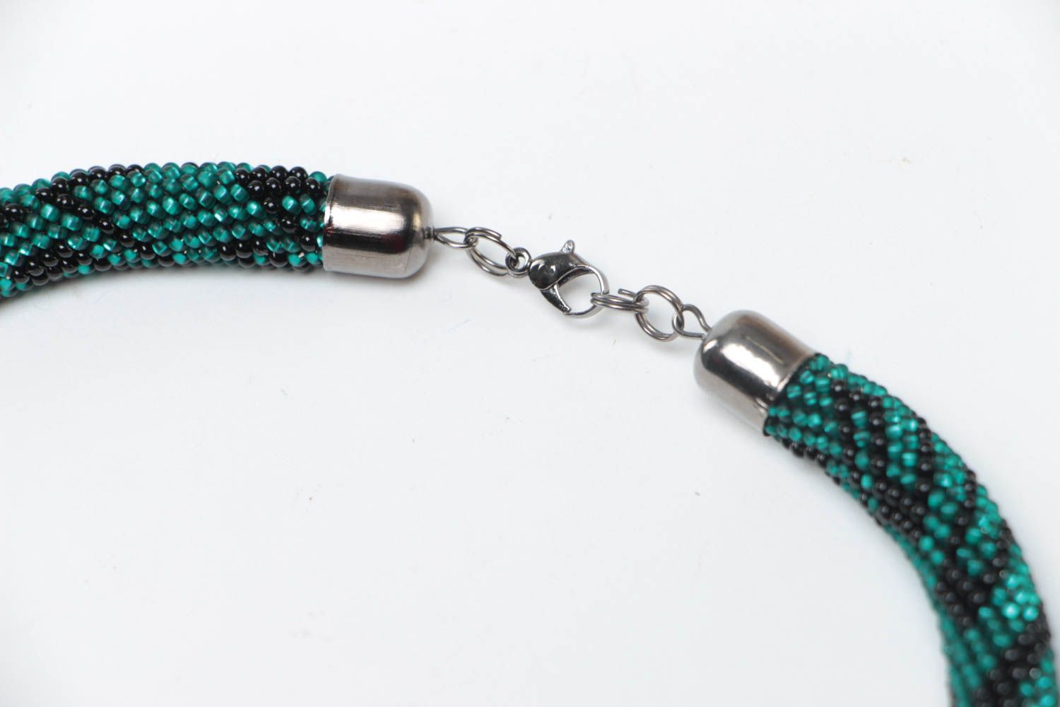 Handmade designer beaded cord women's necklace in black and emerald colors photo 4