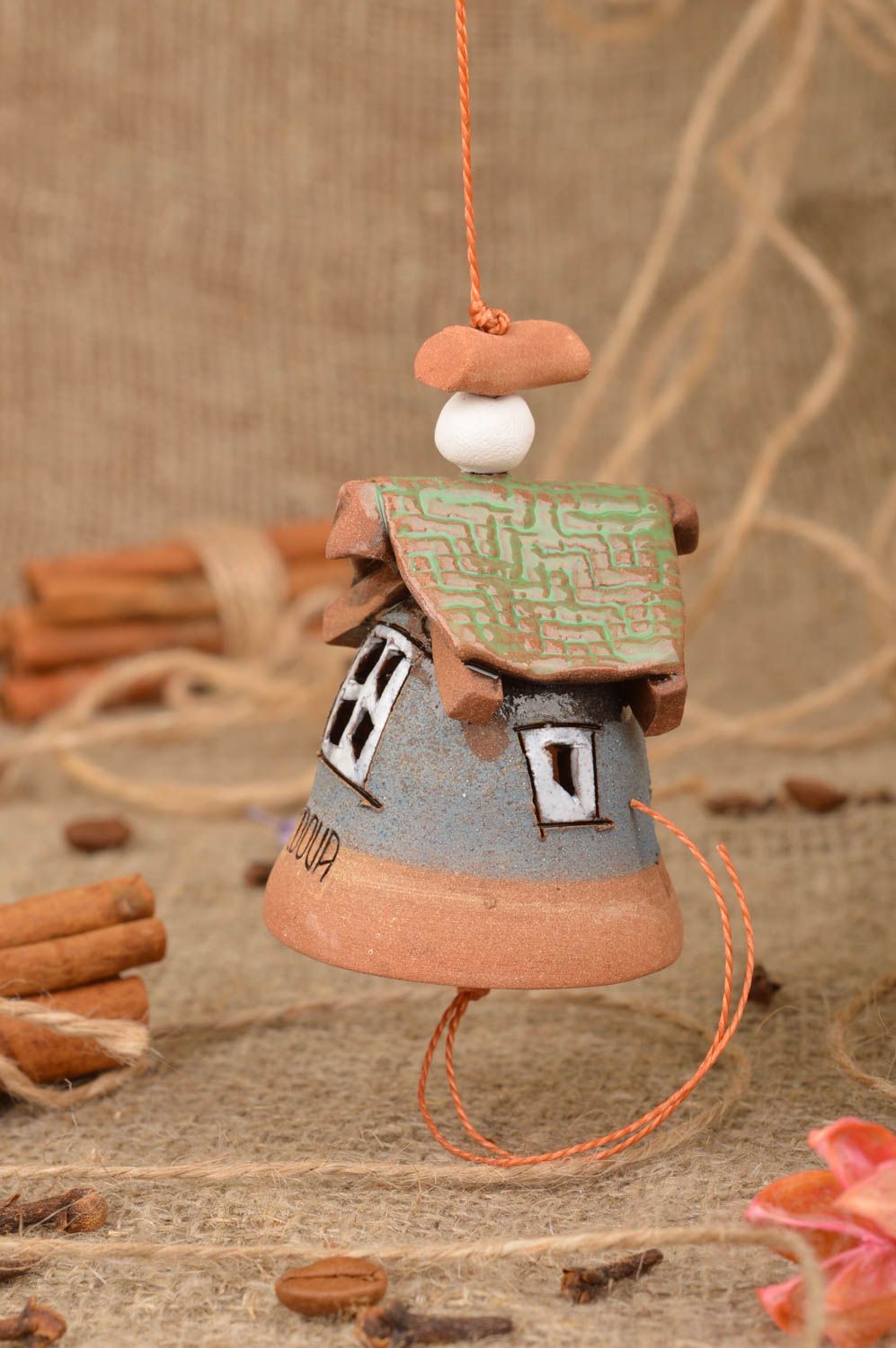 Handmade decorative ceramic bell with eyelet styled on small cute house photo 1
