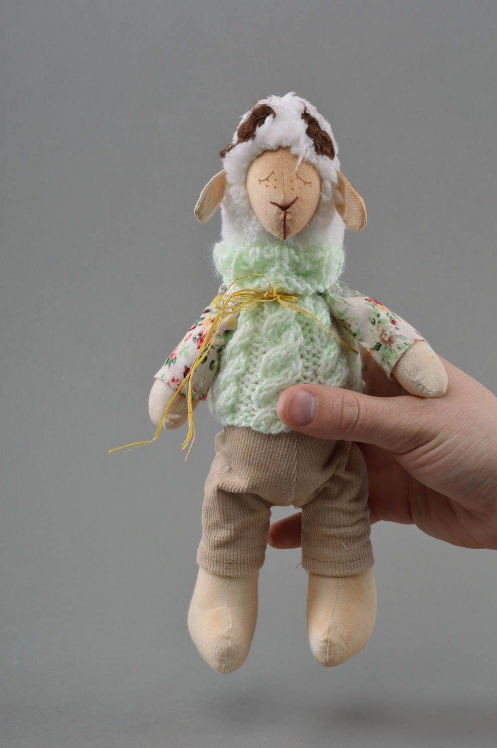 Soft toy lamb handmade stuffed toy in green jacket for kids and home decor photo 3