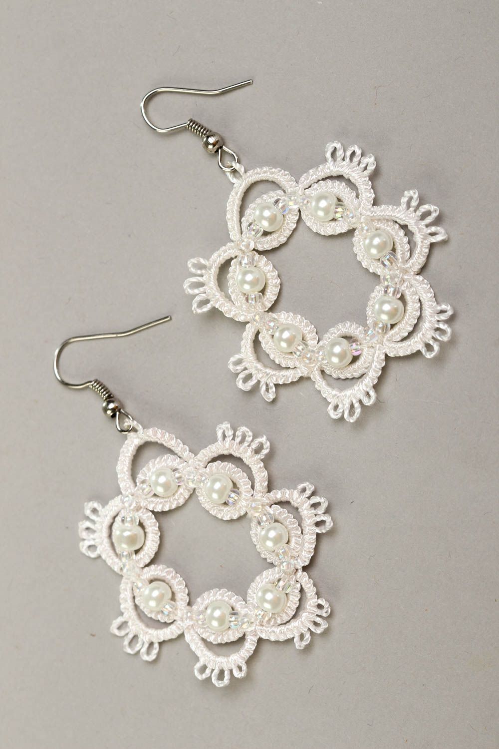 White handmade tatting earrings woven thread earrings accessories for girls photo 2