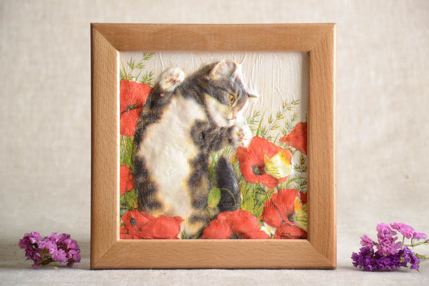 Petit Tableau carré en relief fait main chat et fleurs Décoration maison photo 1