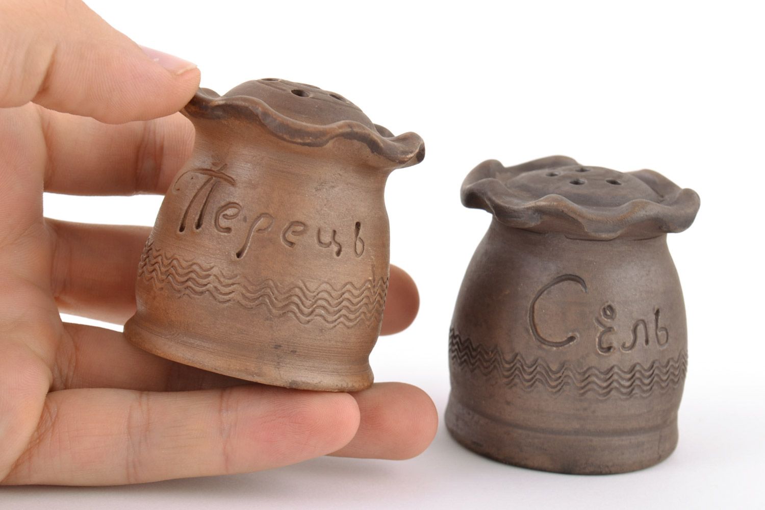 Ceramic handmade salt and pepper shakers milk firing technique clay tableware photo 2