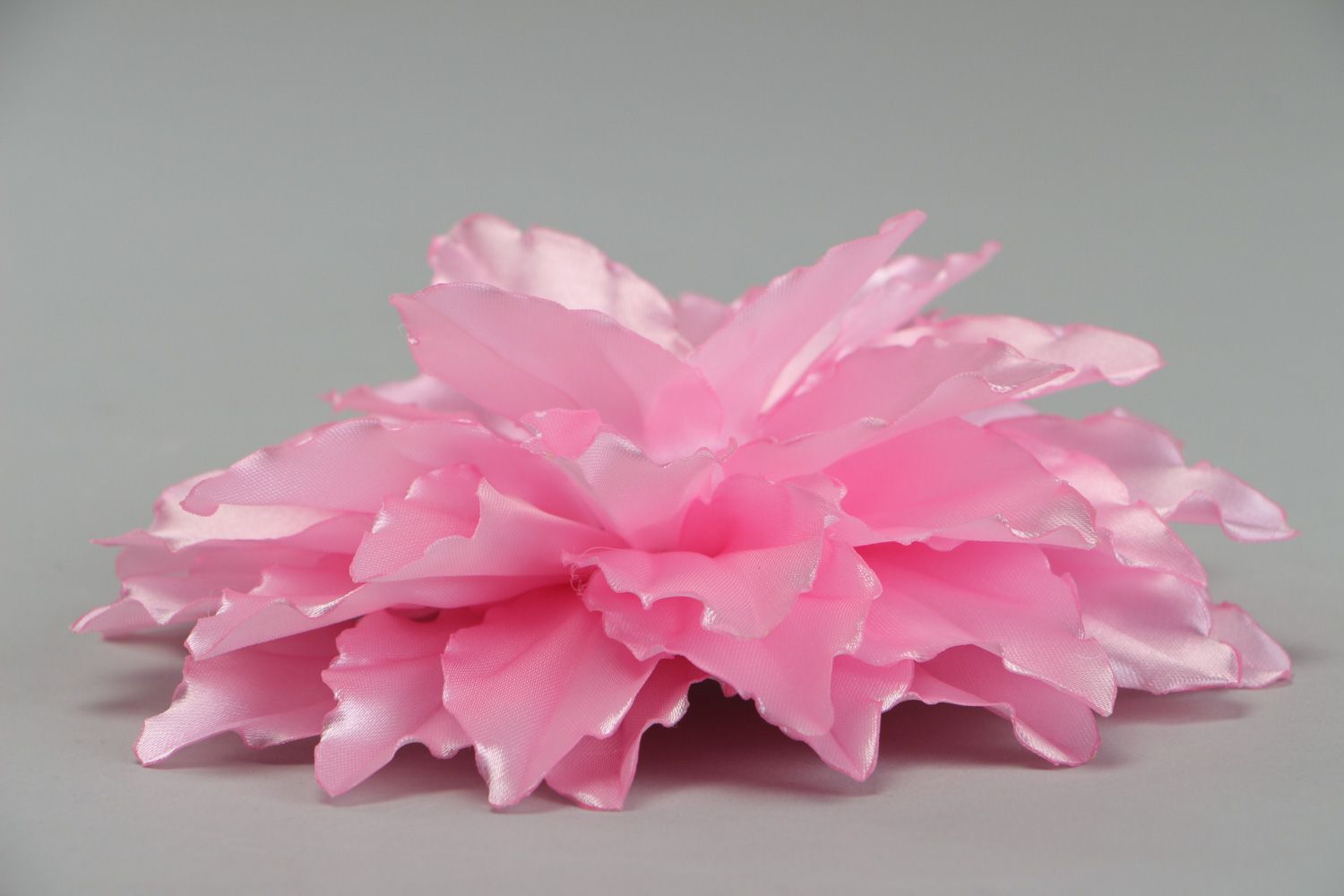Large handmade hair clip made of satin fabric in the shape of pink flower photo 2