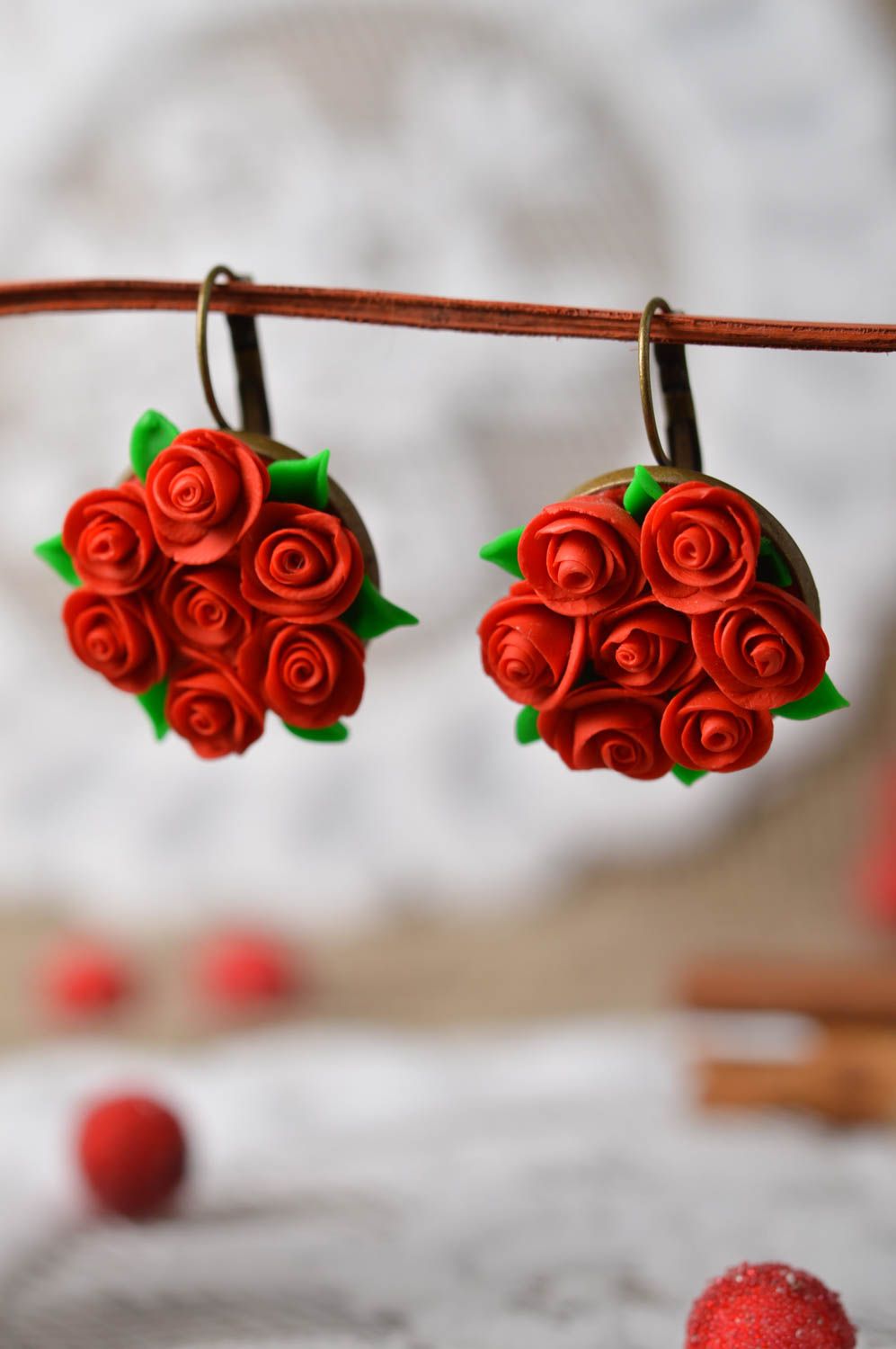 Handmade plastic earrings with roses red earrings made of polymer clay photo 2