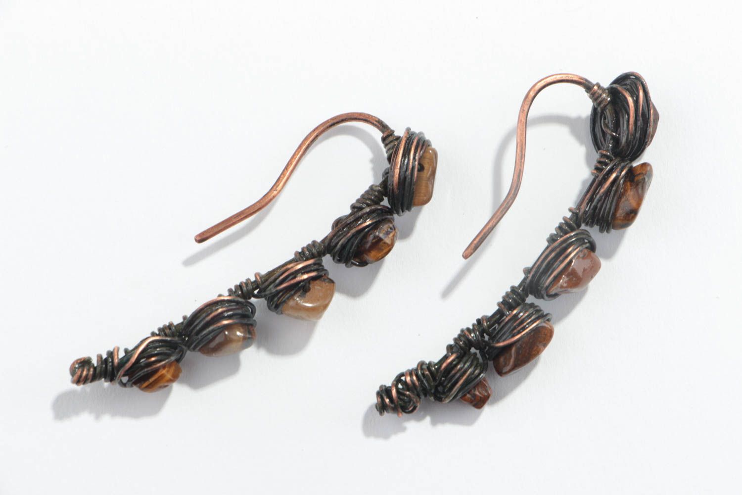 Beautiful handmade wire wrap copper earrings with natural tiger eye stone photo 2
