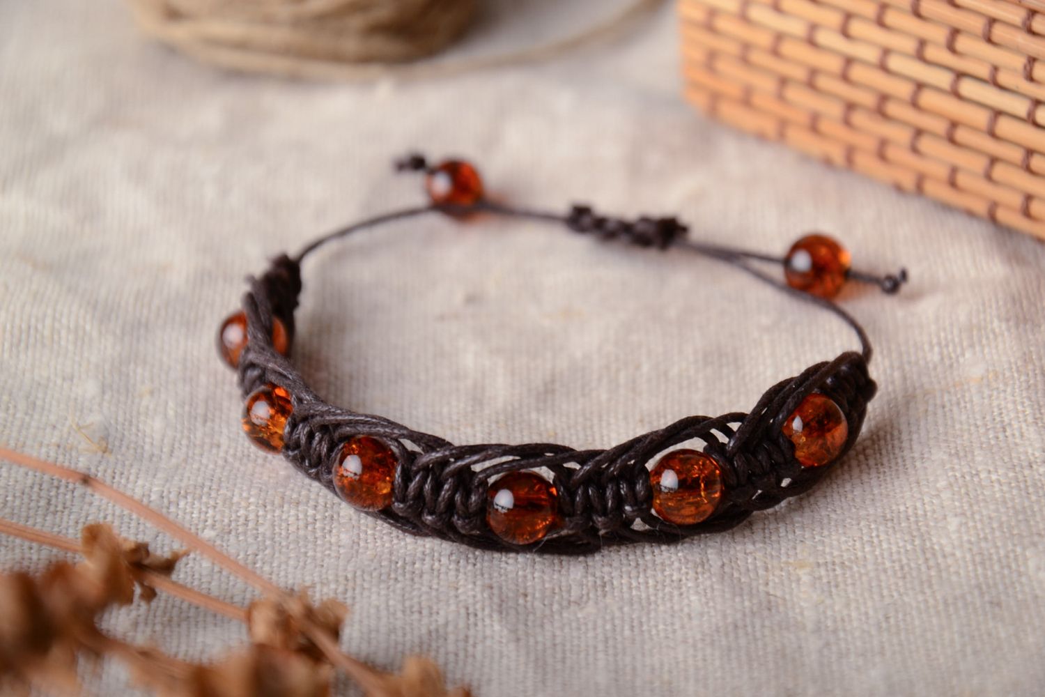 Bracelet with glass beads of amber color photo 1