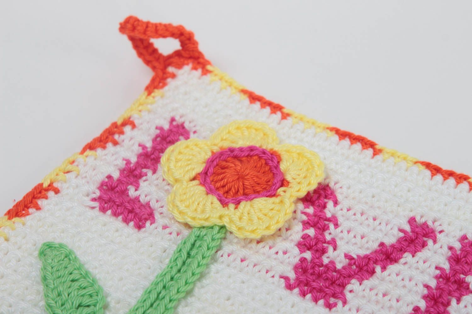 Handmade Topflappen gehäkelt Küchen Textilien Haus Deko mit Blume Love foto 3