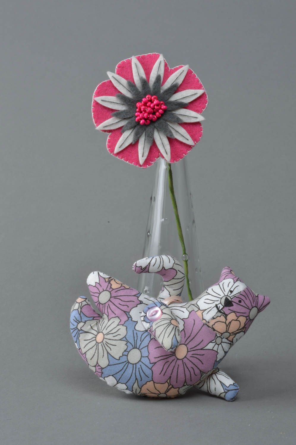 Peluche chat en tissu de coton à fleurs faite main décorative originale photo 1