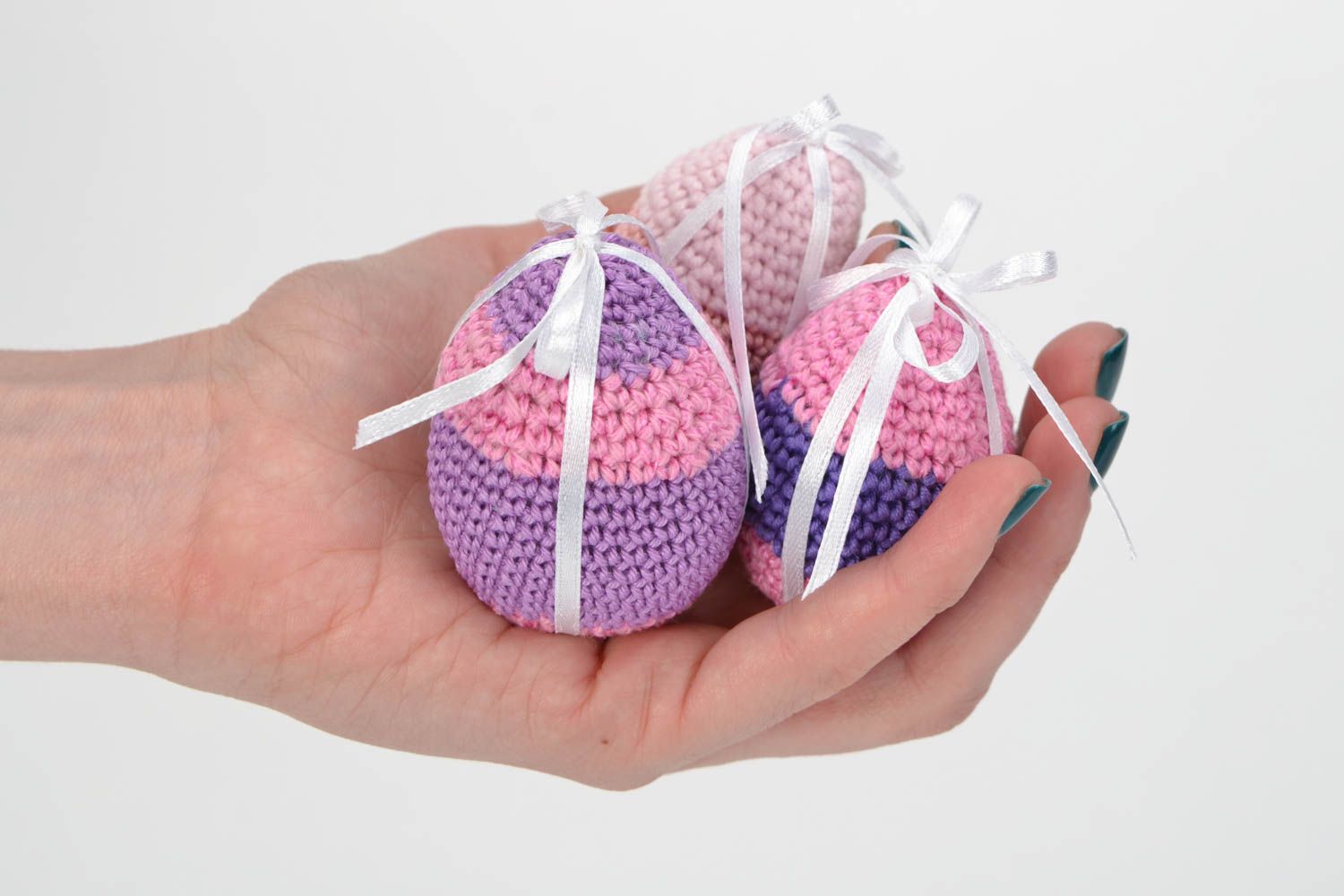 Set of handmade soft Easter eggs crocheted of cotton and wool 3 pieces photo 2