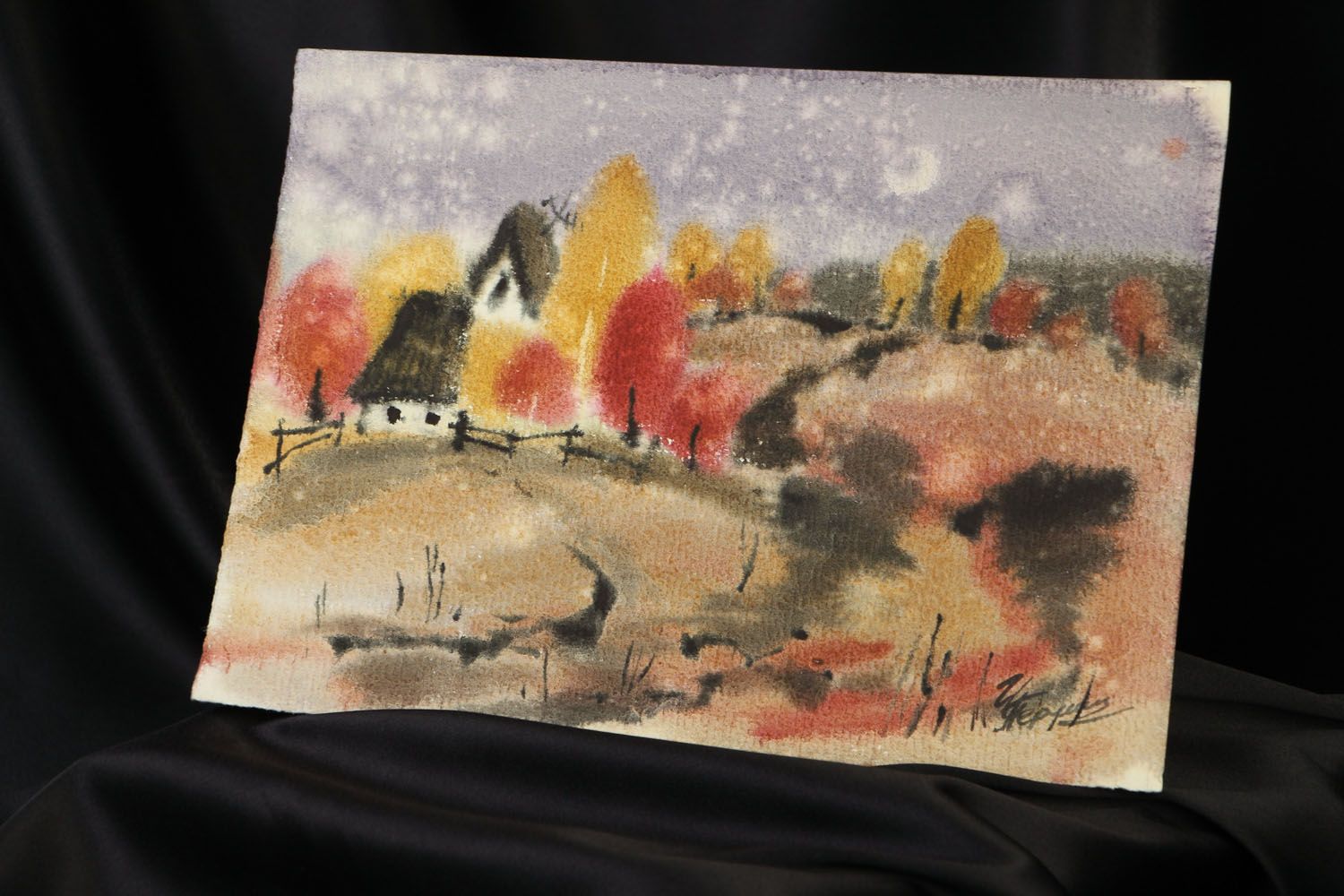Handmade watercolor painting Beyond the village photo 5