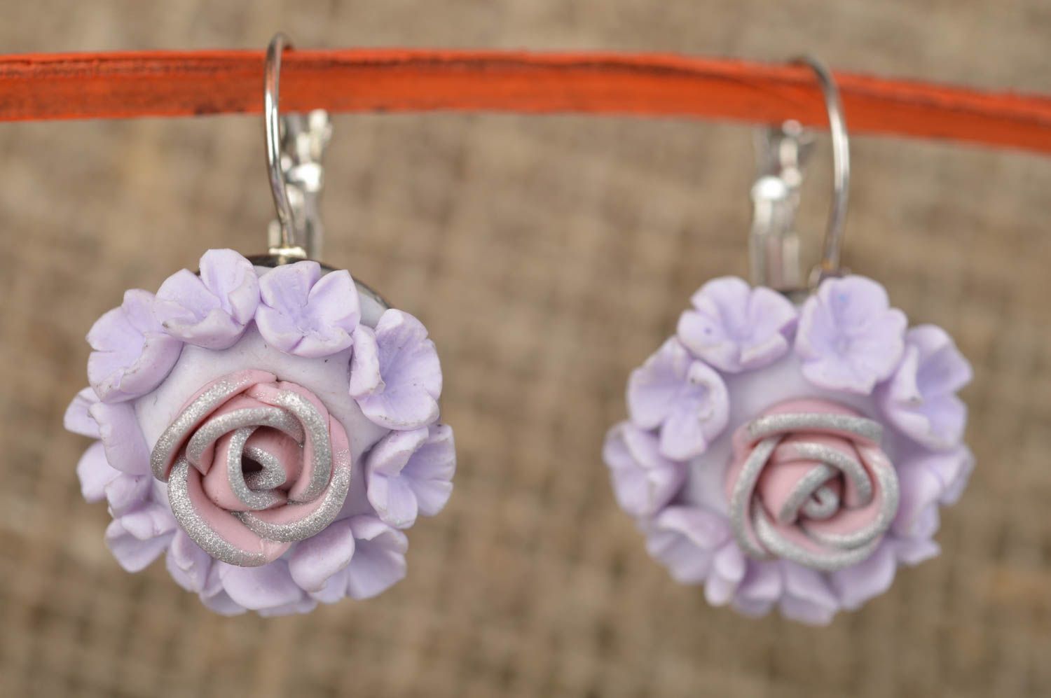Delicate small earrings with polymer clay charms in the form of purple rose photo 1