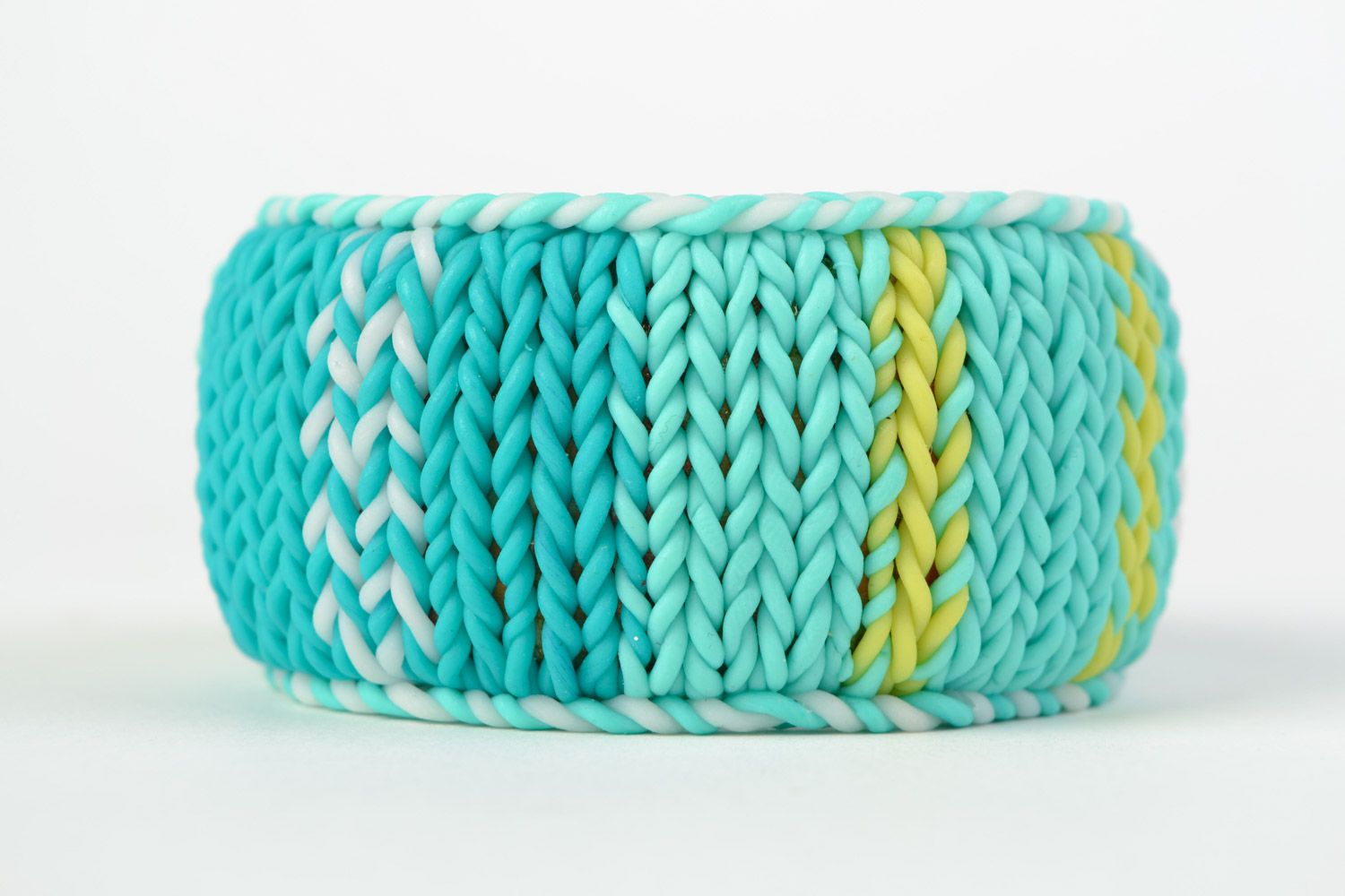 Bangle wide wrist bracelet on the wooden basis with knitted cover in blue and turquoise color photo 2
