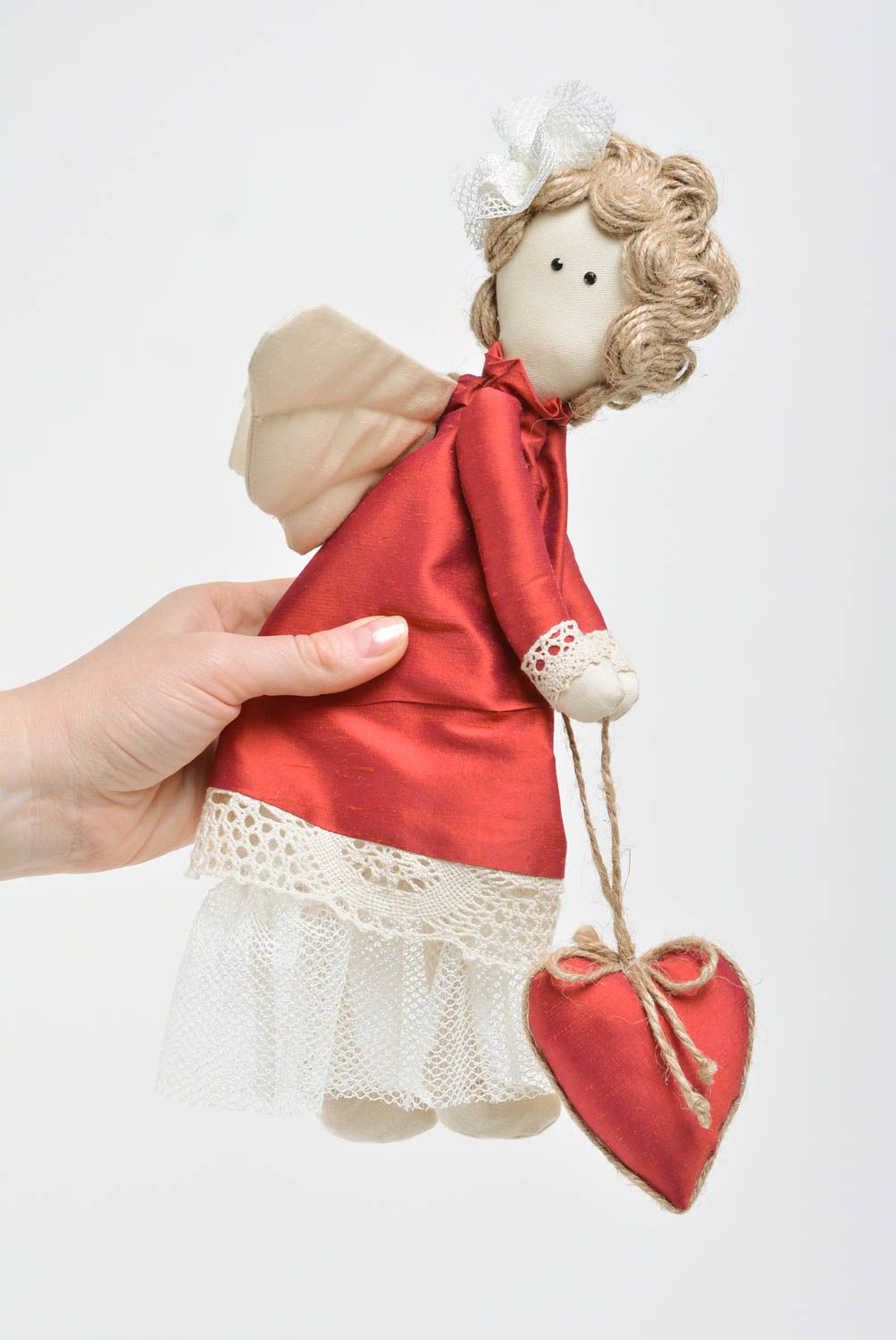 Beautiful nice handmade fabric soft toy with eyelet angel in red dress photo 3