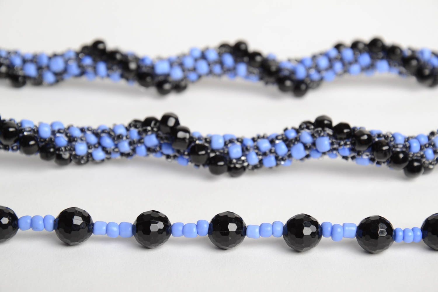 Handmade multi row women's necklace crocheted of blue and black Czech beads photo 4