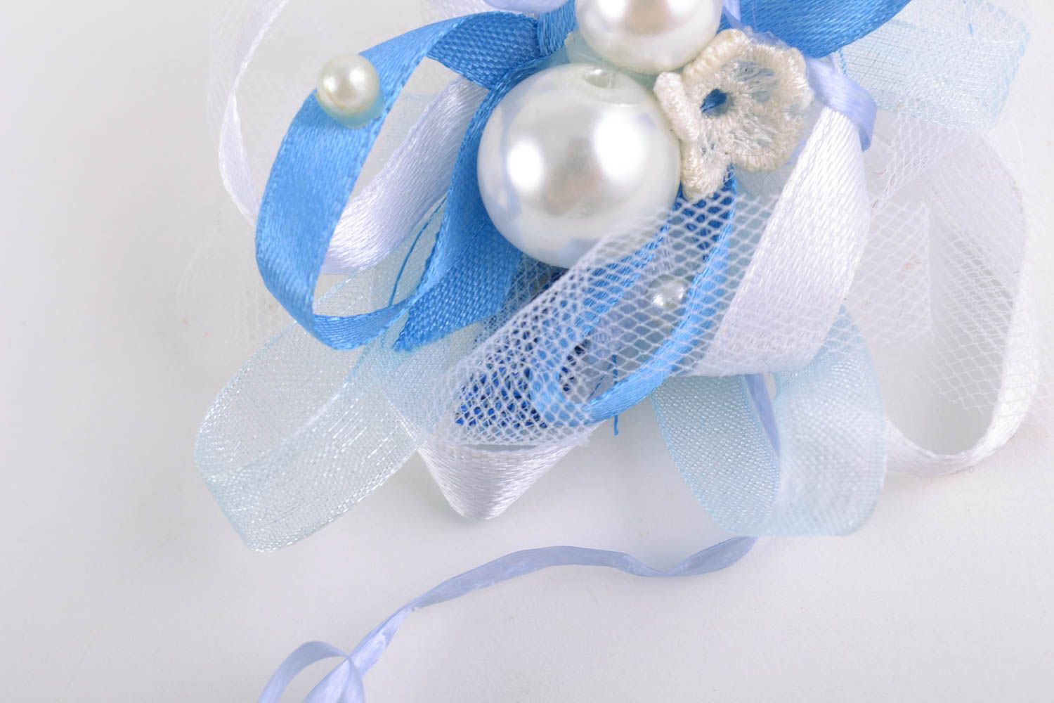 Gentle designer fabric blank for hair accessories and brooches blue and white  photo 5