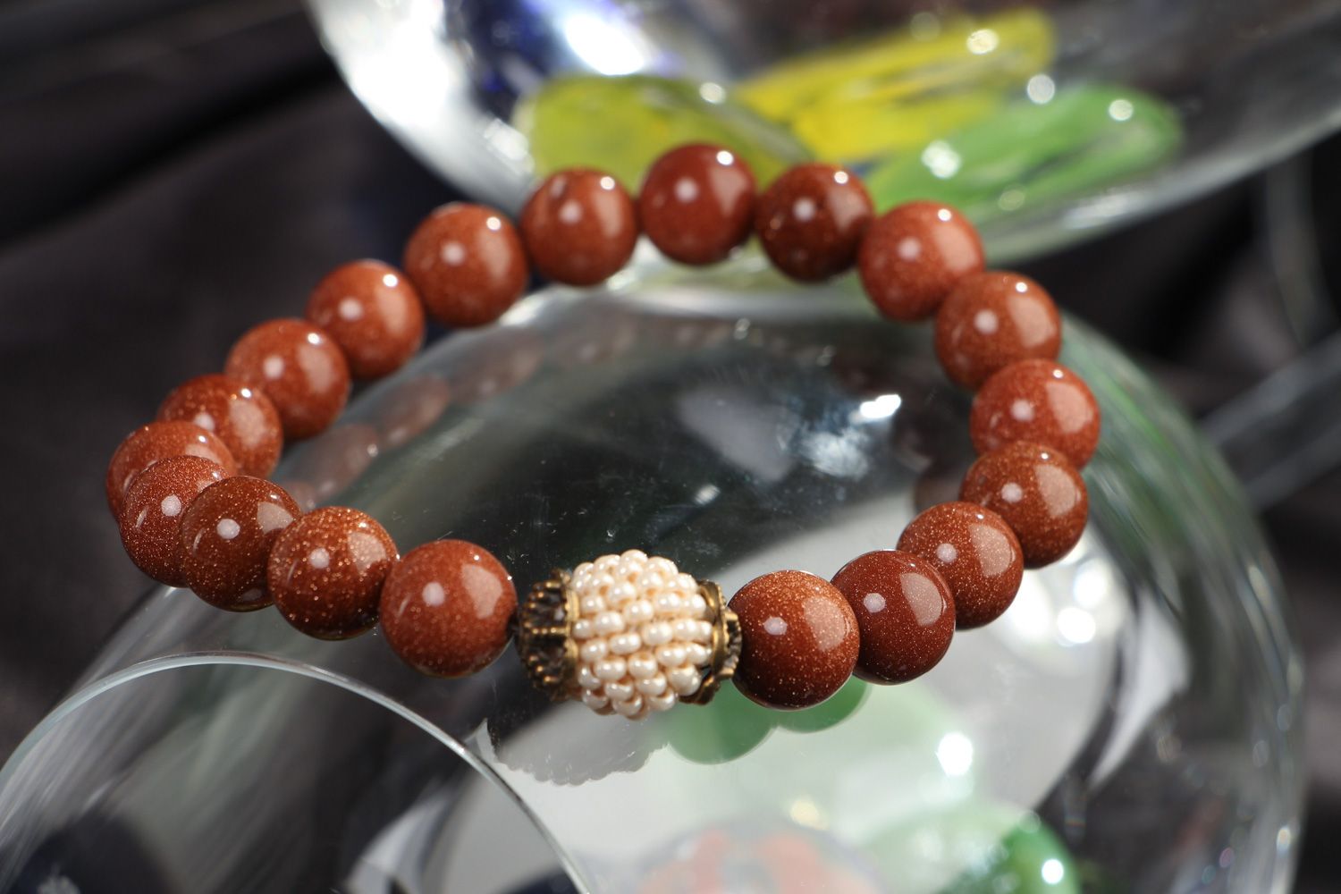 Handmade beautiful wrist bracelet with aventurine stone and Czech beads for women photo 4
