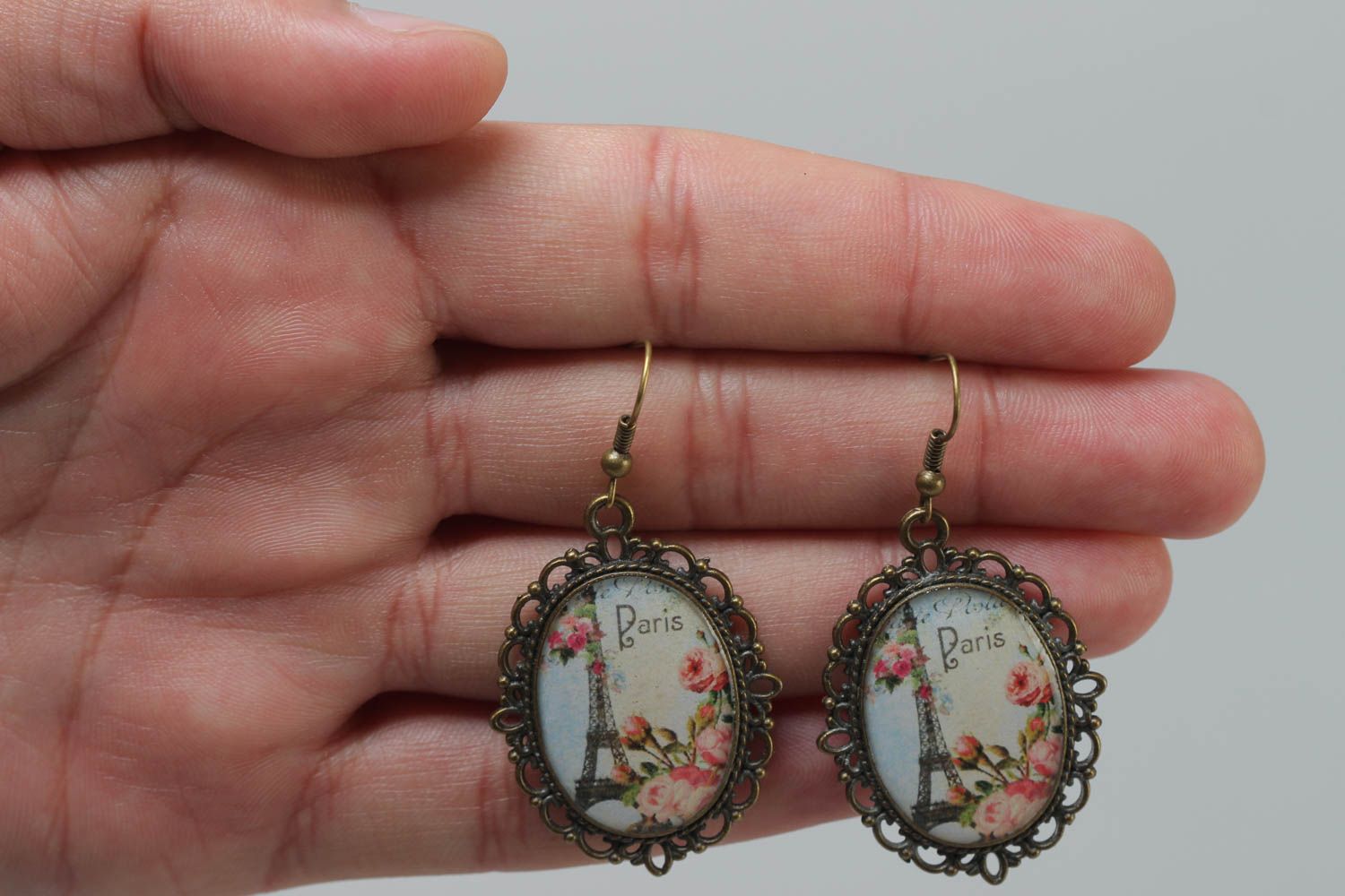 Handmade beautiful earrings with Eiffel Tower prints oval openwork accessory photo 5