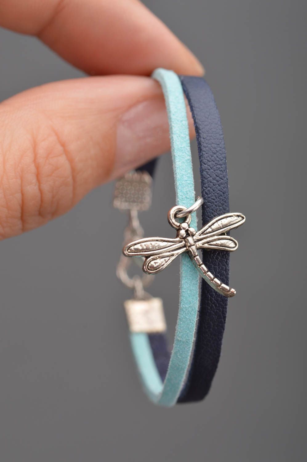 Handmade designer genuine leather wrist bracelet blue with metal dragonfly charm photo 2