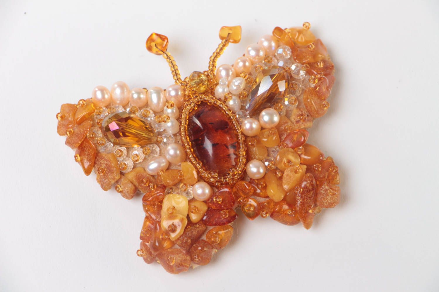 Large beautiful handmade brooch with bead embroidery and natural amber stone photo 2