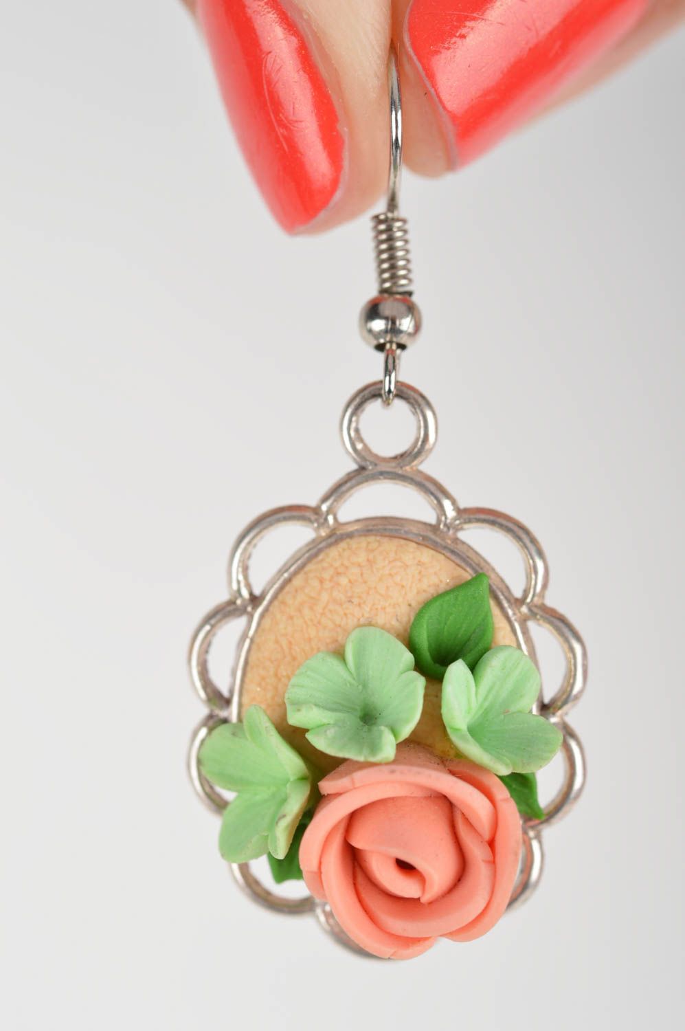 Earrings with flowers made of polymer clay on metal base in pastel colors photo 3