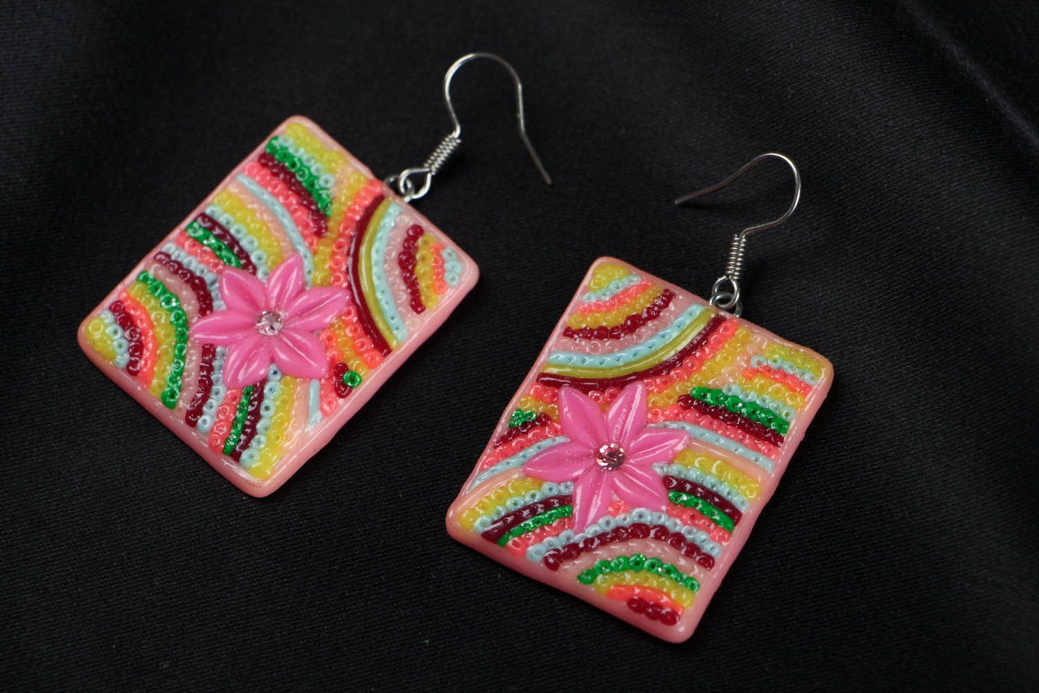 Rectangular earrings made of polymer clay photo 1