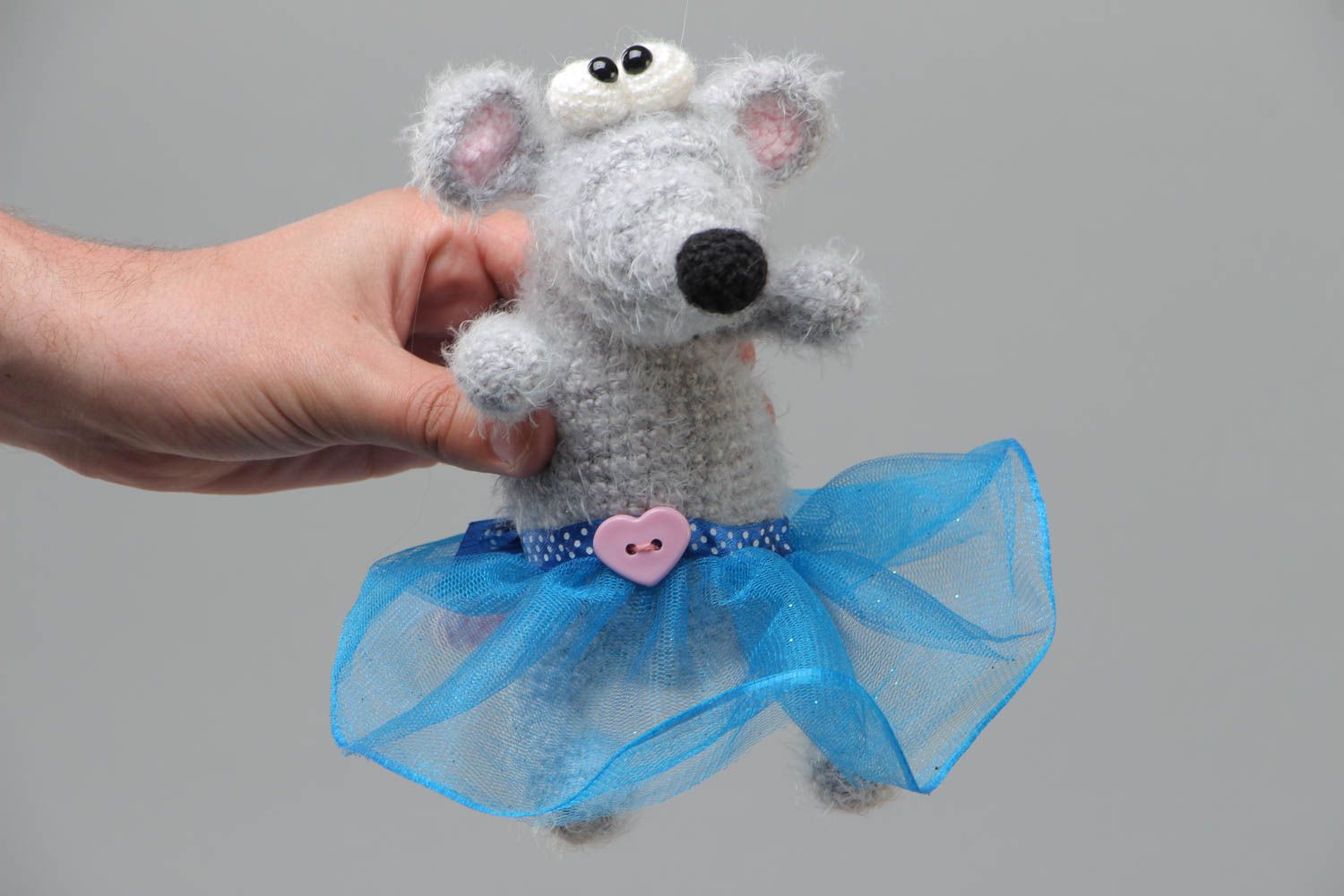 Handmade soft toy crocheted of acrylic threads gray mouse in blue tutu skirt photo 5