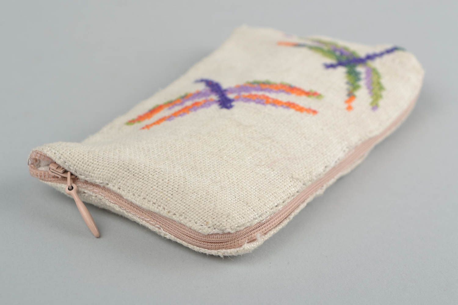 Handmade hemp fabric mobile phone case with cross stitch embroidery Dragonflies photo 3