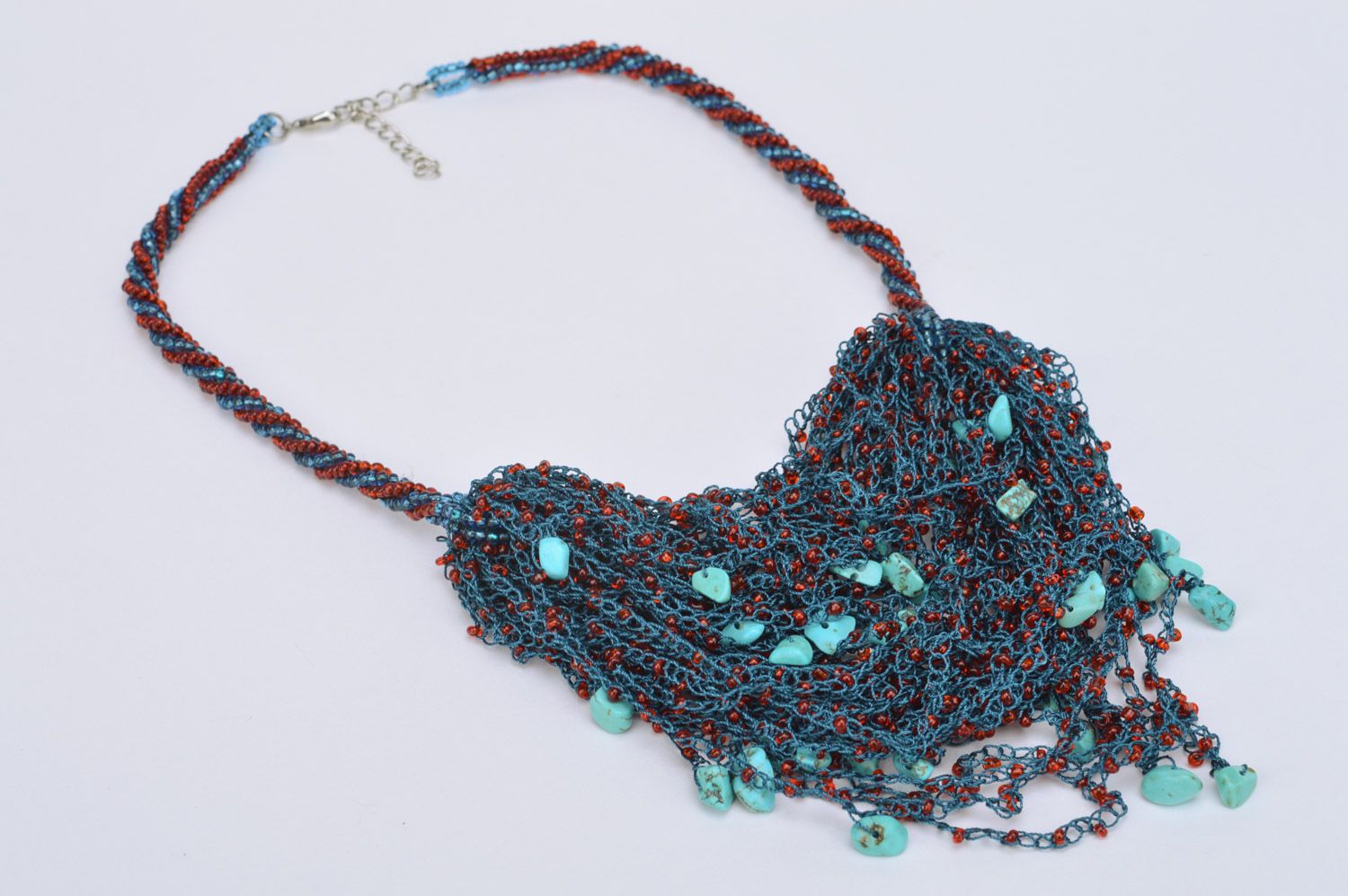 Handmade festive multi row necklace woven of beads and blue coral for women photo 2