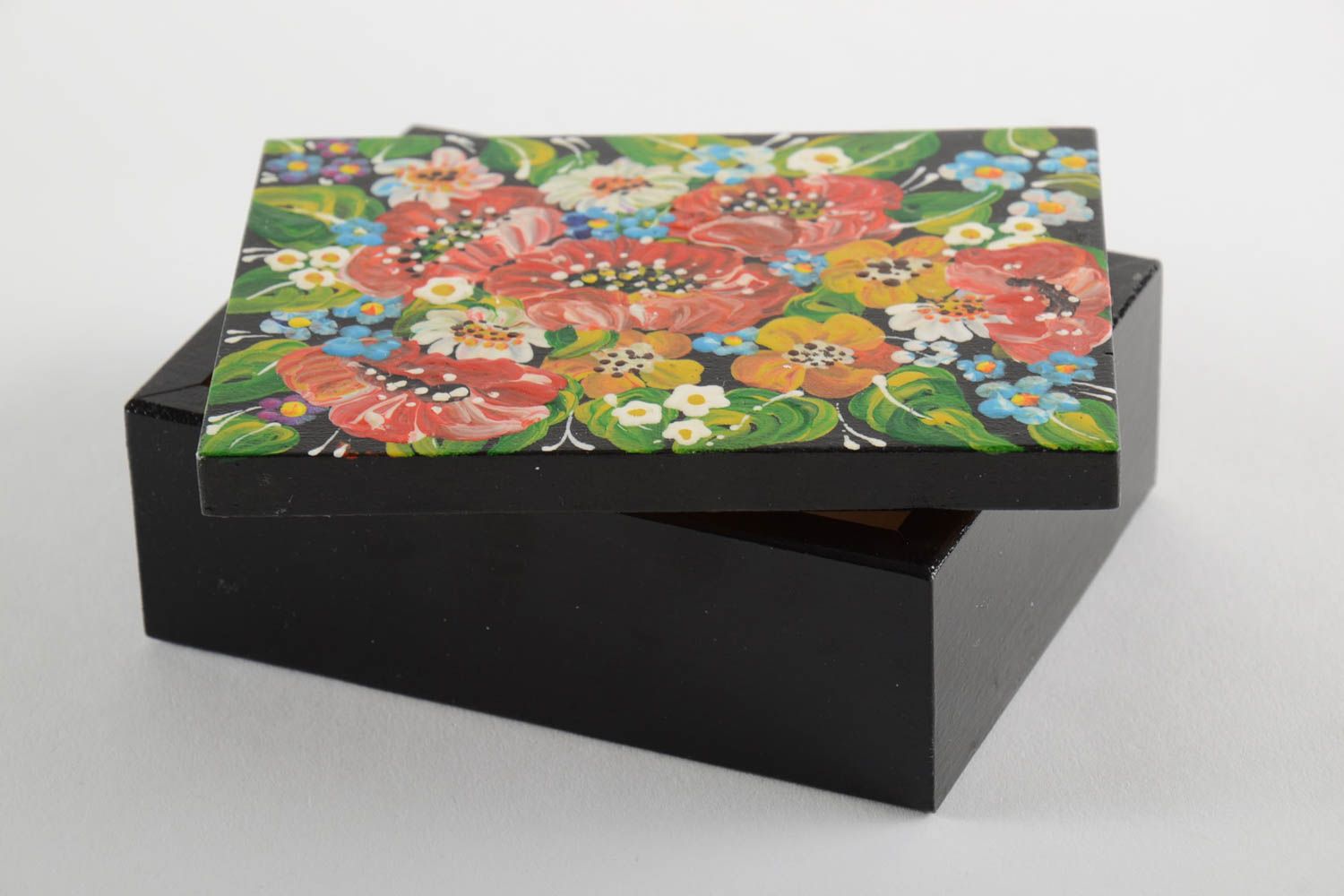 Beautiful rectangular handmade painted wooden jewelry box Petrikivka style photo 2
