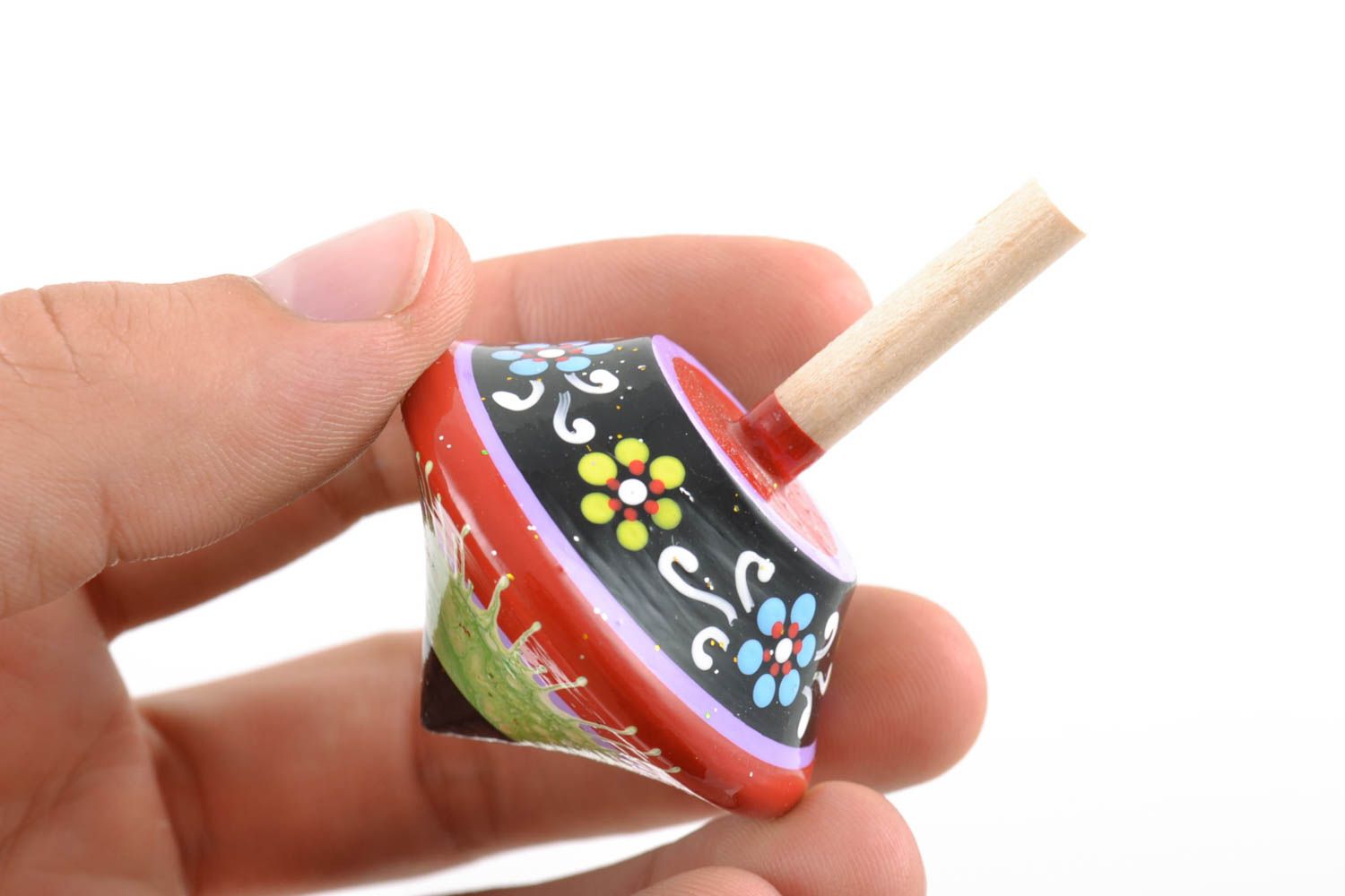 Small beautiful children's handmade wooden toy painted spinning top photo 2