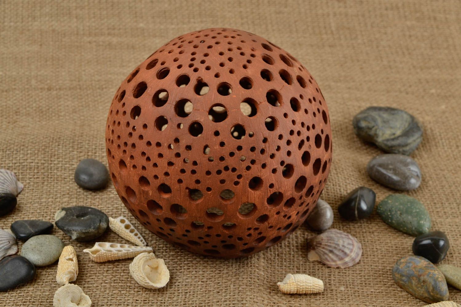 Tea light brown clay ball shaped candle holder 5,91 inches, 1,29 lb photo 1