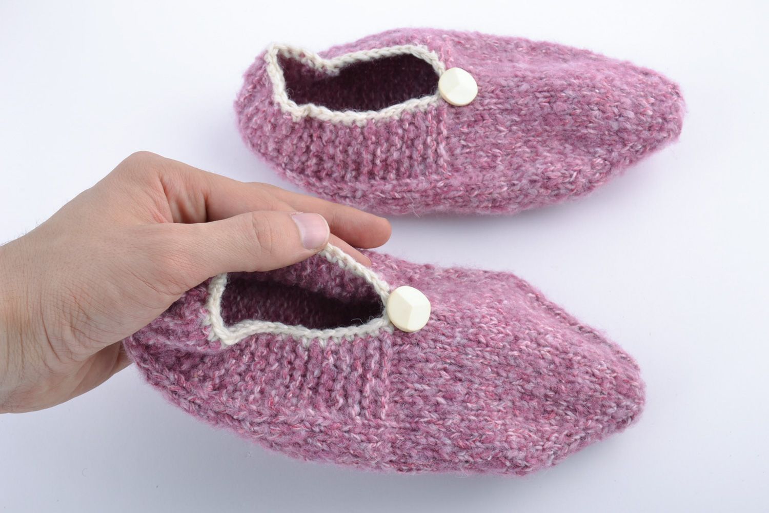 Cute warm violet handmade slippers knitted of semi-woolen yarns for women photo 4