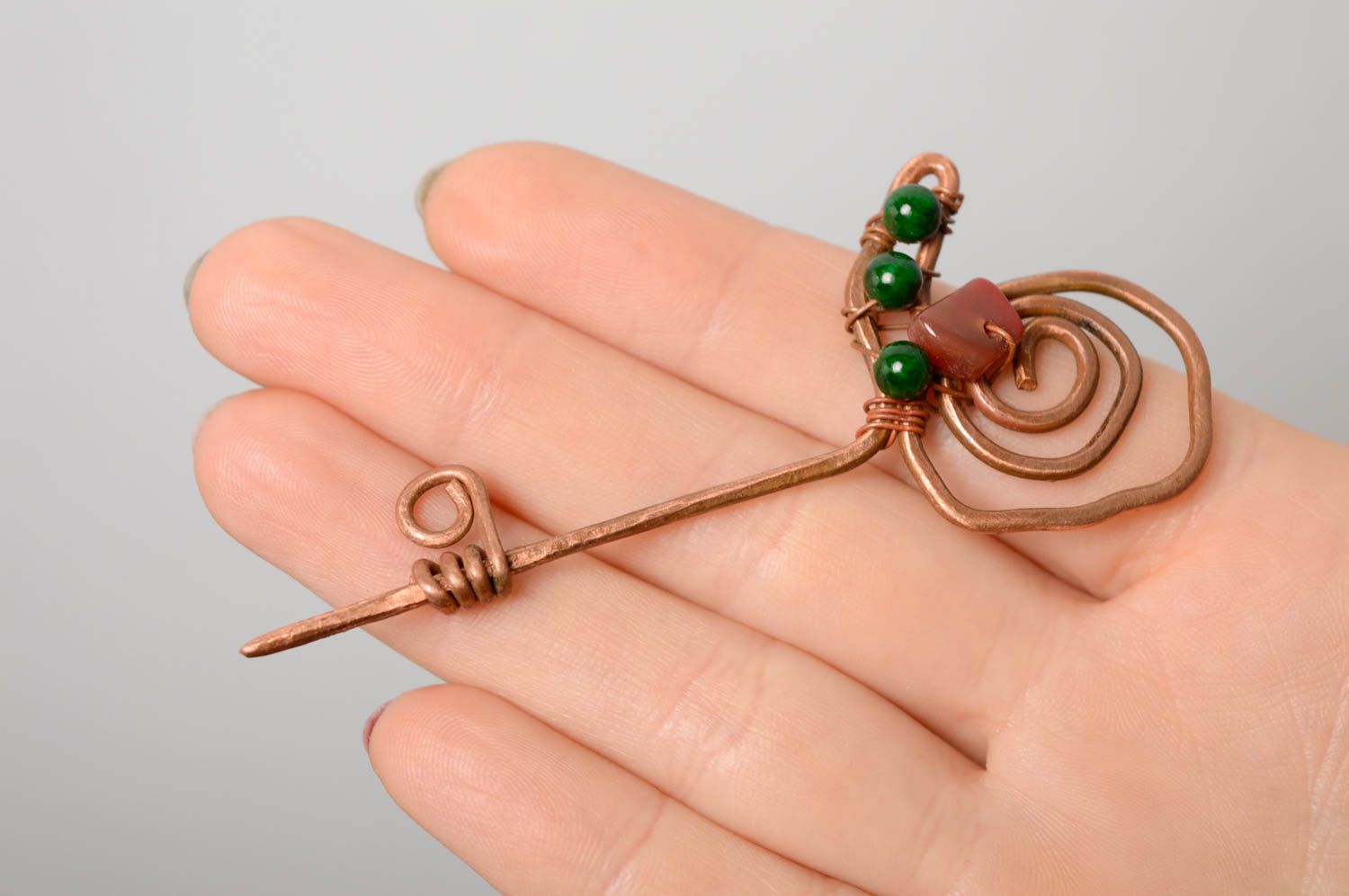 Wire wrap copper brooch with lampwork beads photo 4