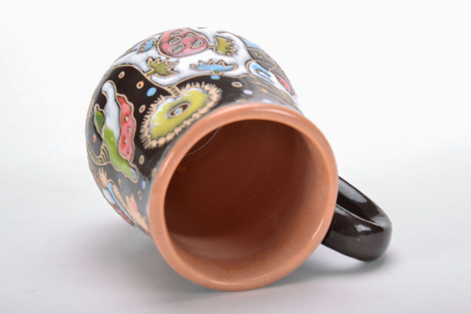 Art glazed ceramic drinking cup with colorful pattern brown color and handle photo 3