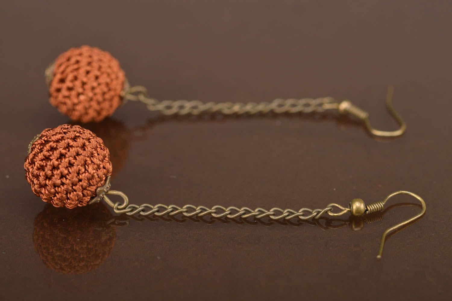 Beautiful handmade designer stylish earrings with brown crochet over beads photo 3