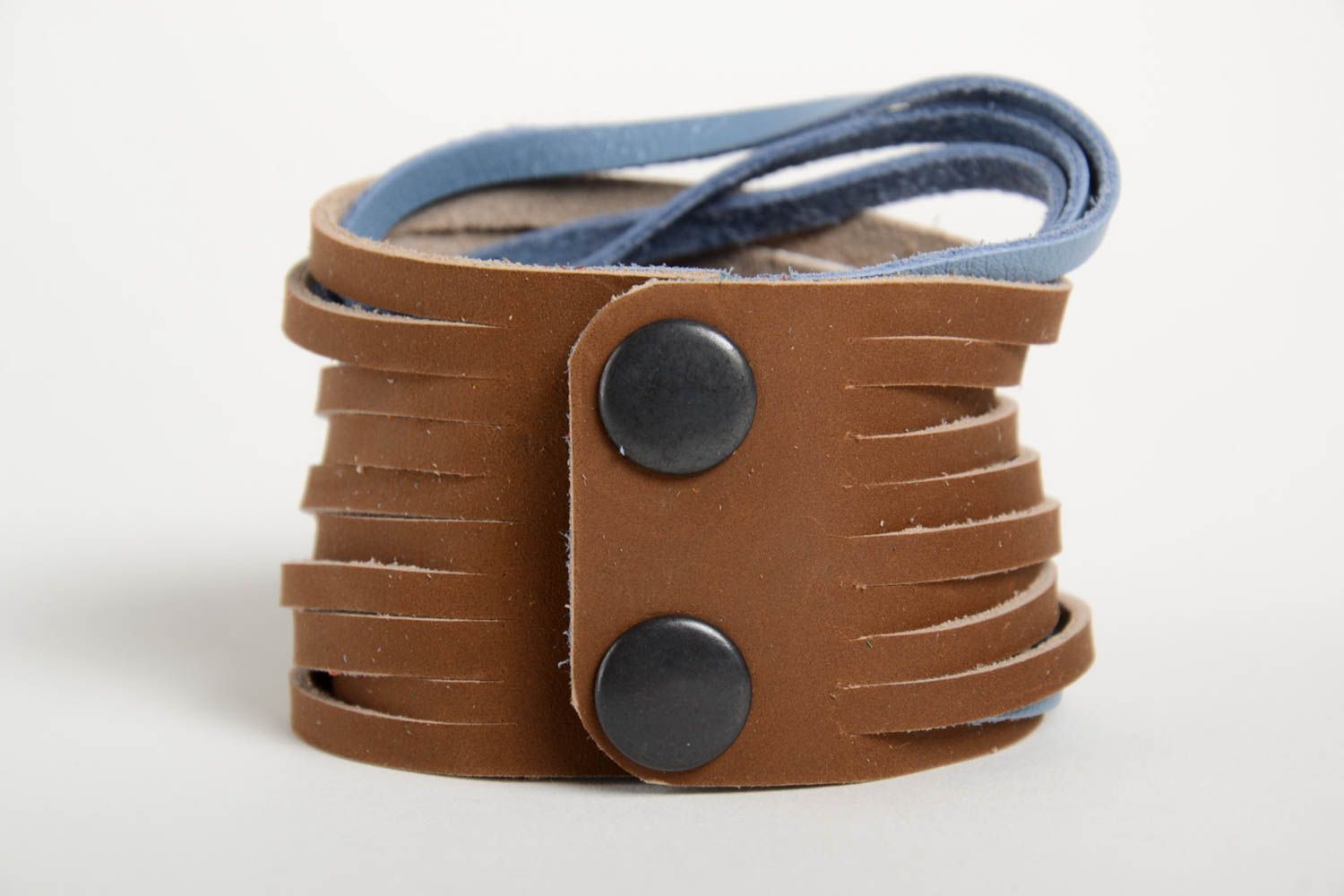 Braun blaues breites Damen Armband handmade Leder Schmuck Frauen Accessoire  foto 5