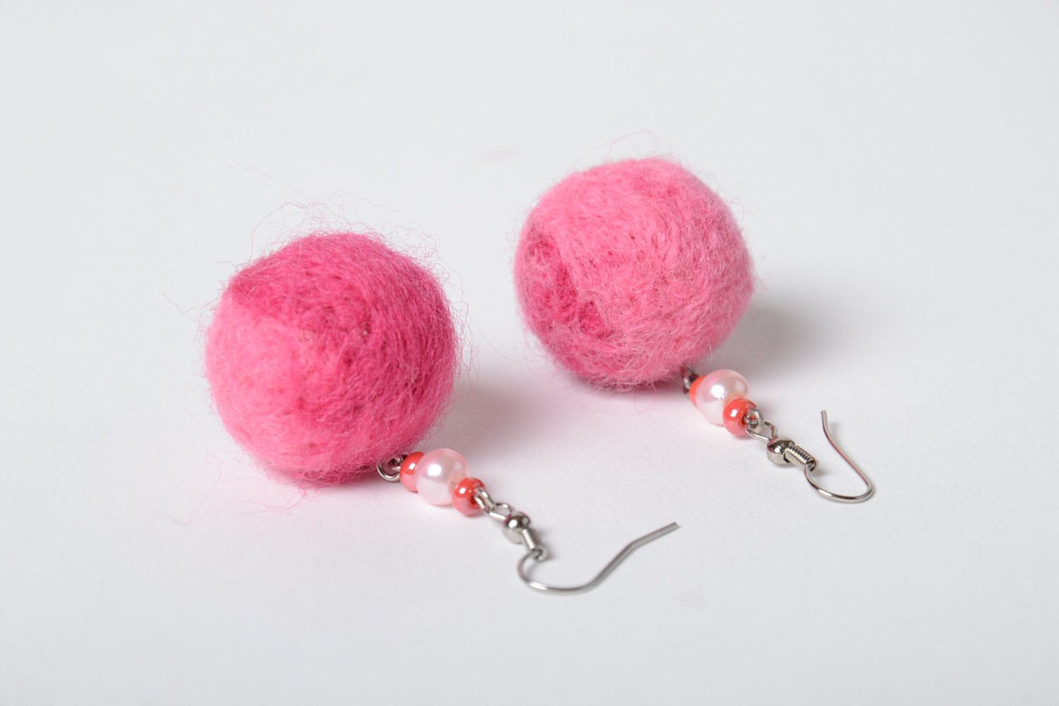 Pink soft handmade felted wool ball earrings for girls photo 5