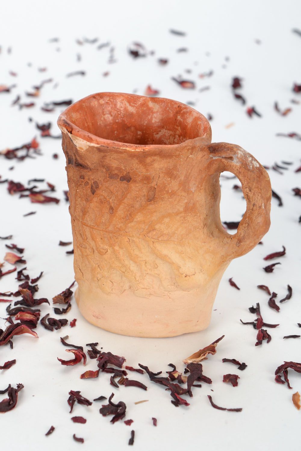 Art hand-molded 8 oz clay cup Leaf with handle photo 1