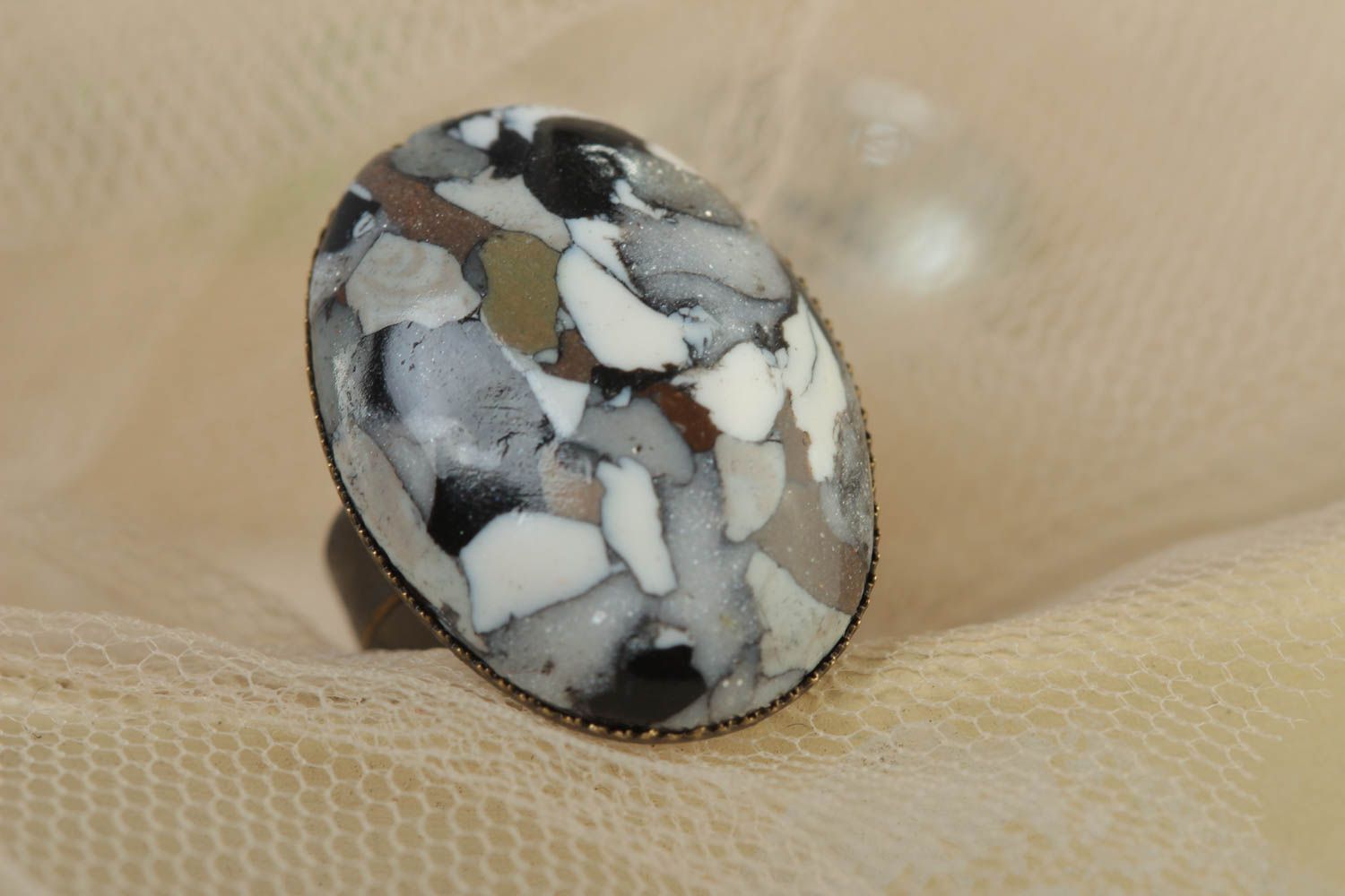 Handmade oval polymer clay jewelry ring in gray color palette of adjustable size photo 1