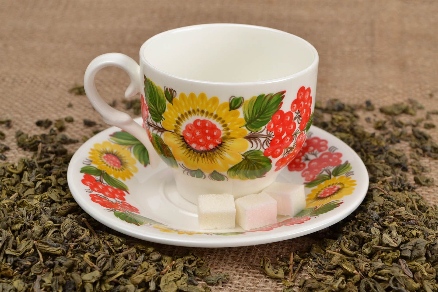 Russian style teacup in white, red, and green colors photo 1