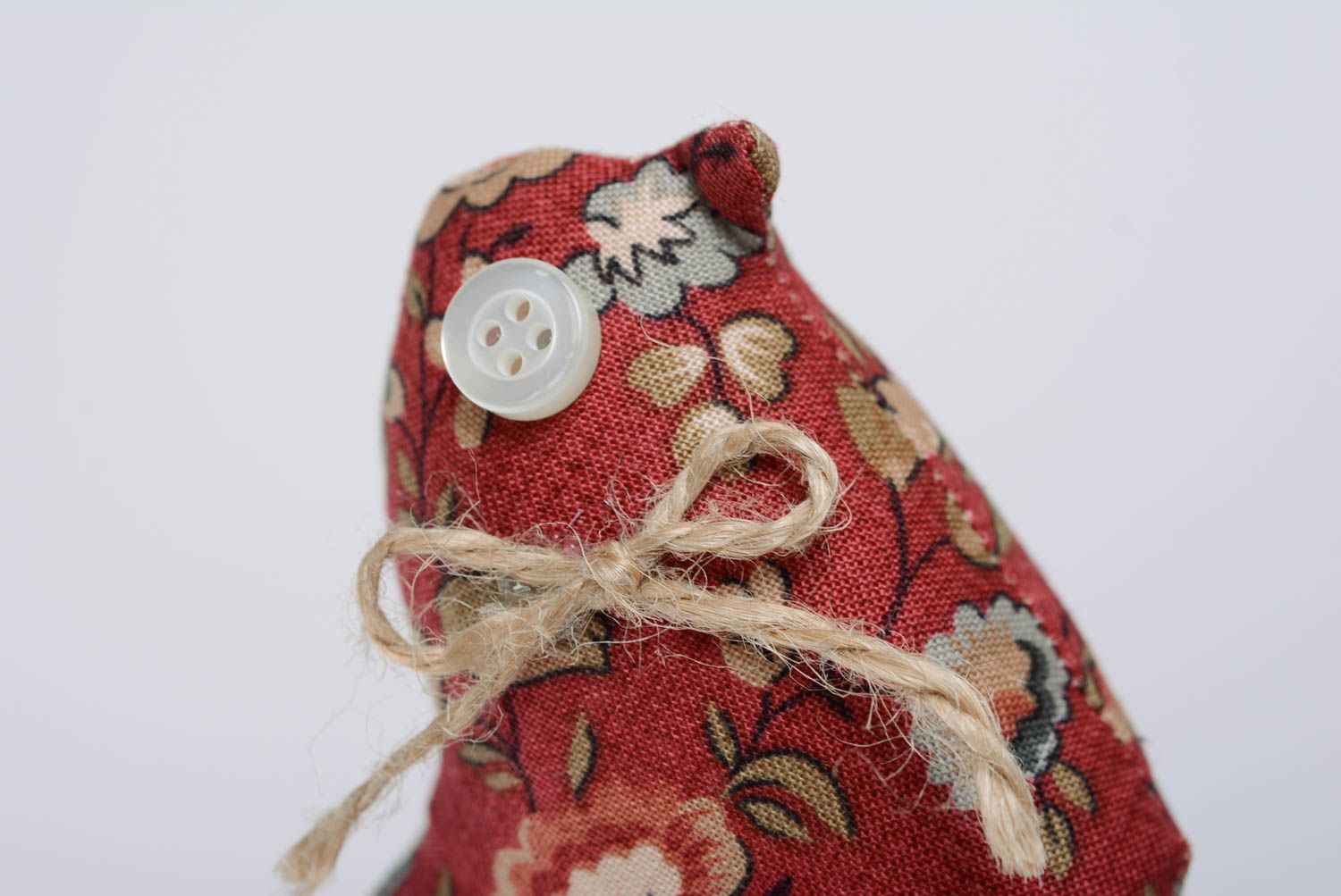 Fabric bird on stick for soil of flowerpots burgundy handmade interior accessory photo 5