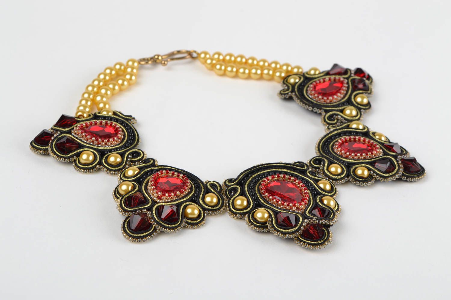 Handmade beautiful festive soutache necklace with beads and rhinestones photo 2