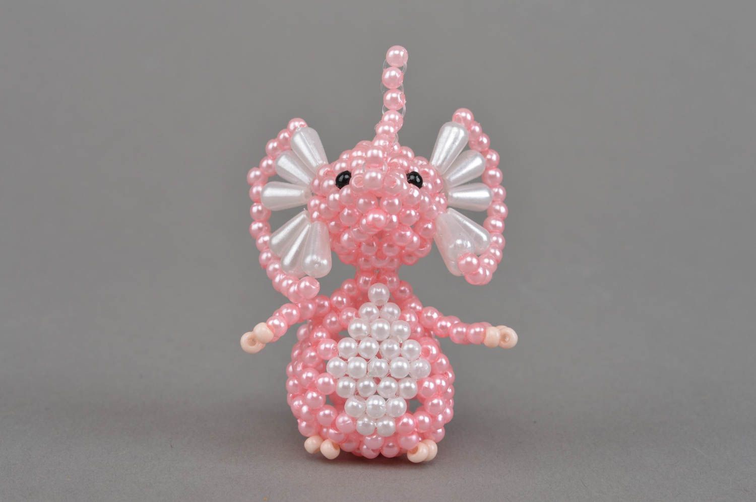Small homemade collectible handmade beaded statuette of pink elephant for decor photo 3