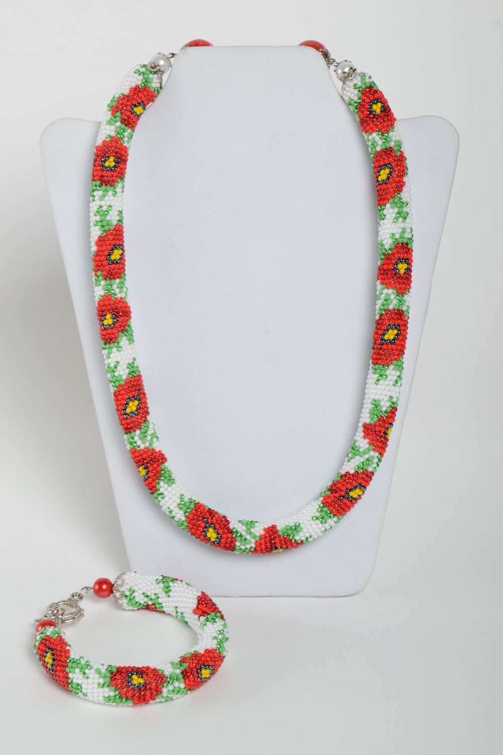 Unusual handmade woven beaded cord necklace and bracelet designer jewelry set photo 2
