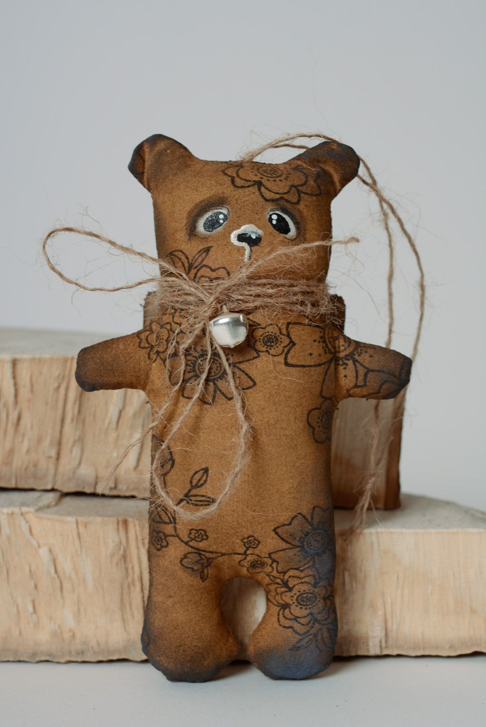Handmade designer soft toy painted and soaked with coffee interior decor Bear photo 5