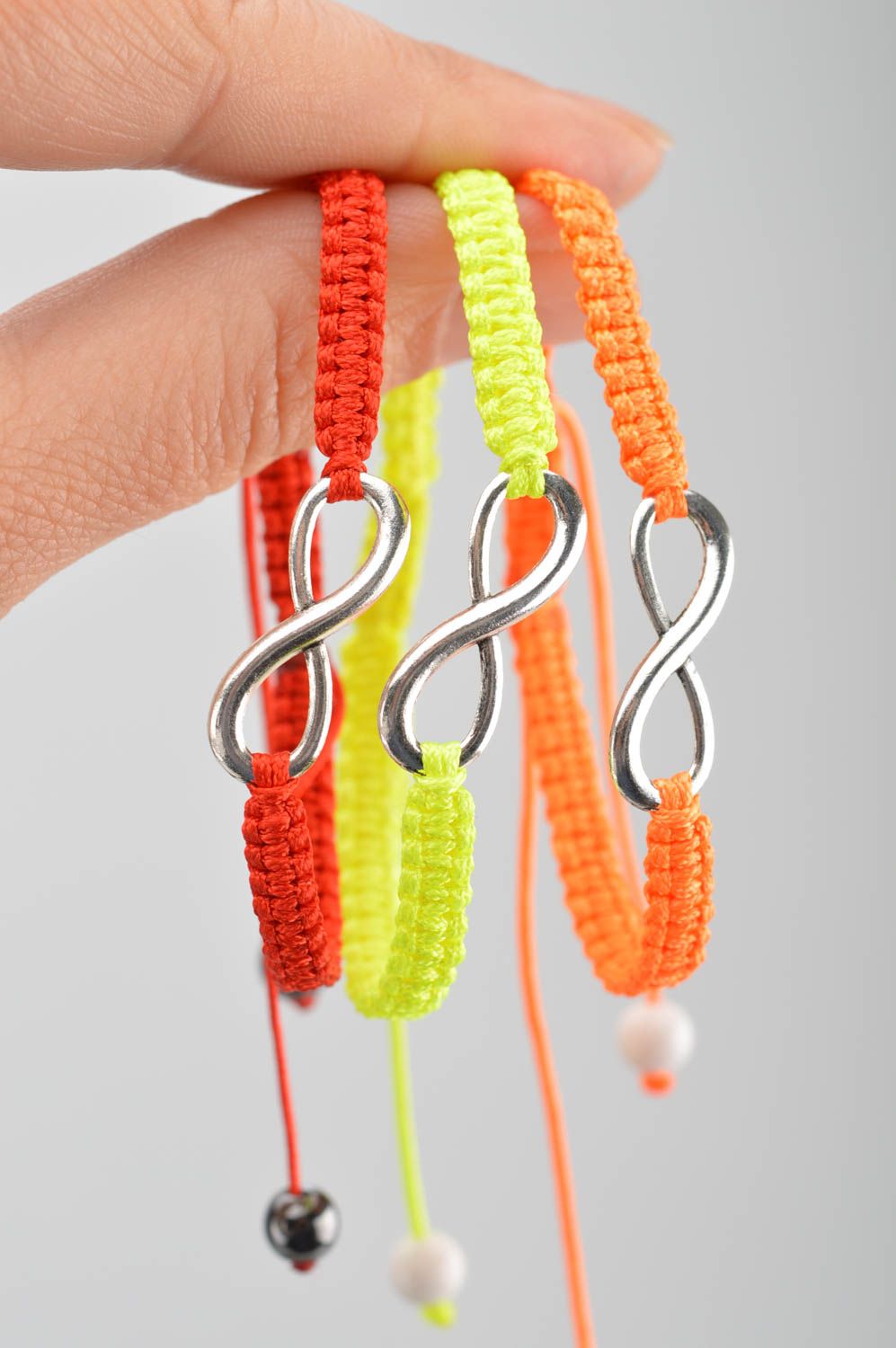Set of 3 handmade designer thin wrist bracelets woven of silk threads with decor photo 5