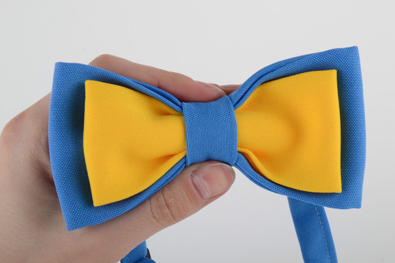 Handmade bow tie sewn of costume fabric in contrast combination of blue and yellow photo 5