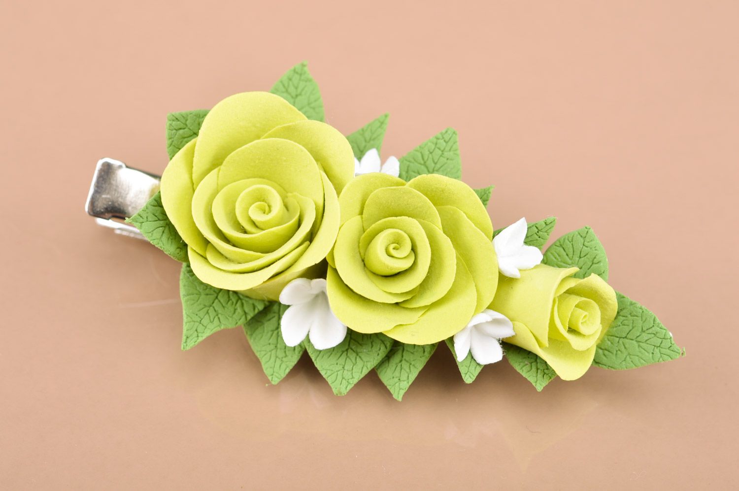Handgemachte grüne Haarspange aus Polymerton mit Blumen für Frauen Frisur foto 2