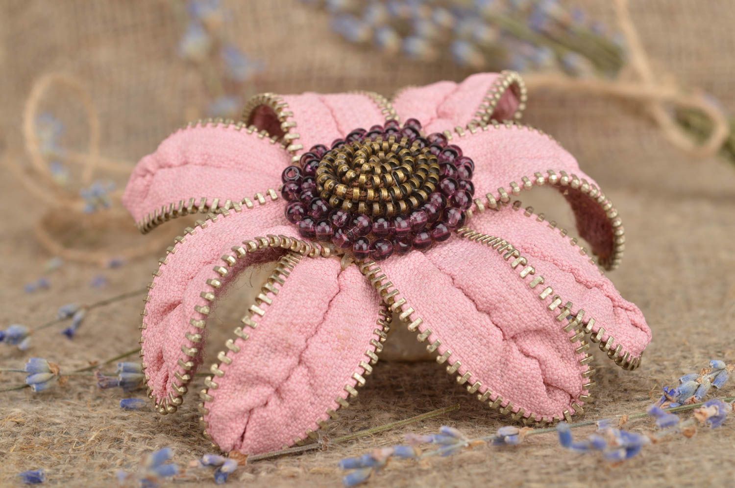 Handmade pink textile brooch cute beaded hair clip festive jewelry transformer photo 1